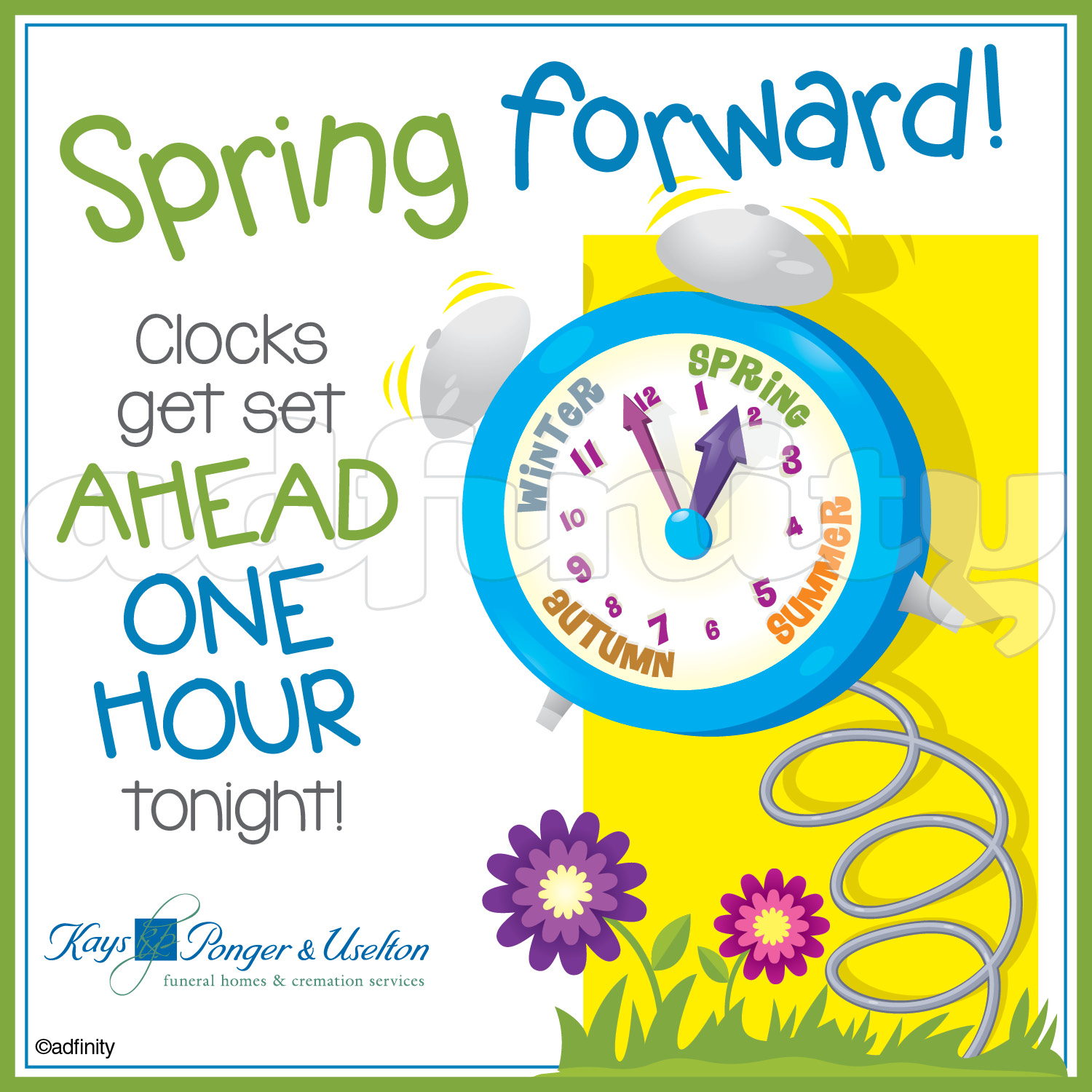 Spring forward! Clocks get set ahead one hour tonight! (Facebook
